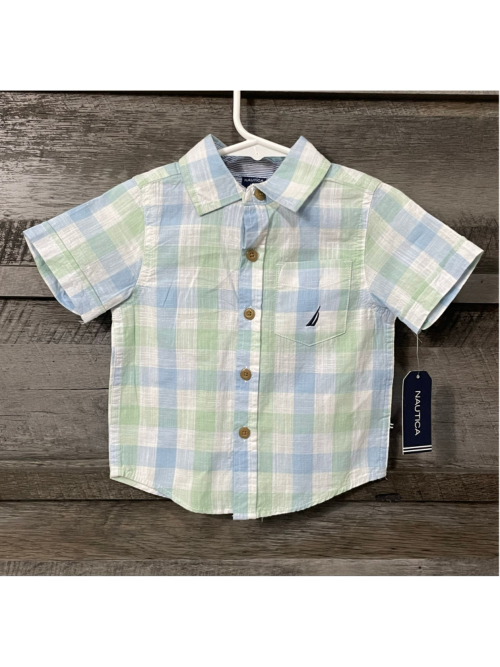 Nautica Boys Plaid Short Sleeve Button Down Shirt 12 Months Blue Green Easter